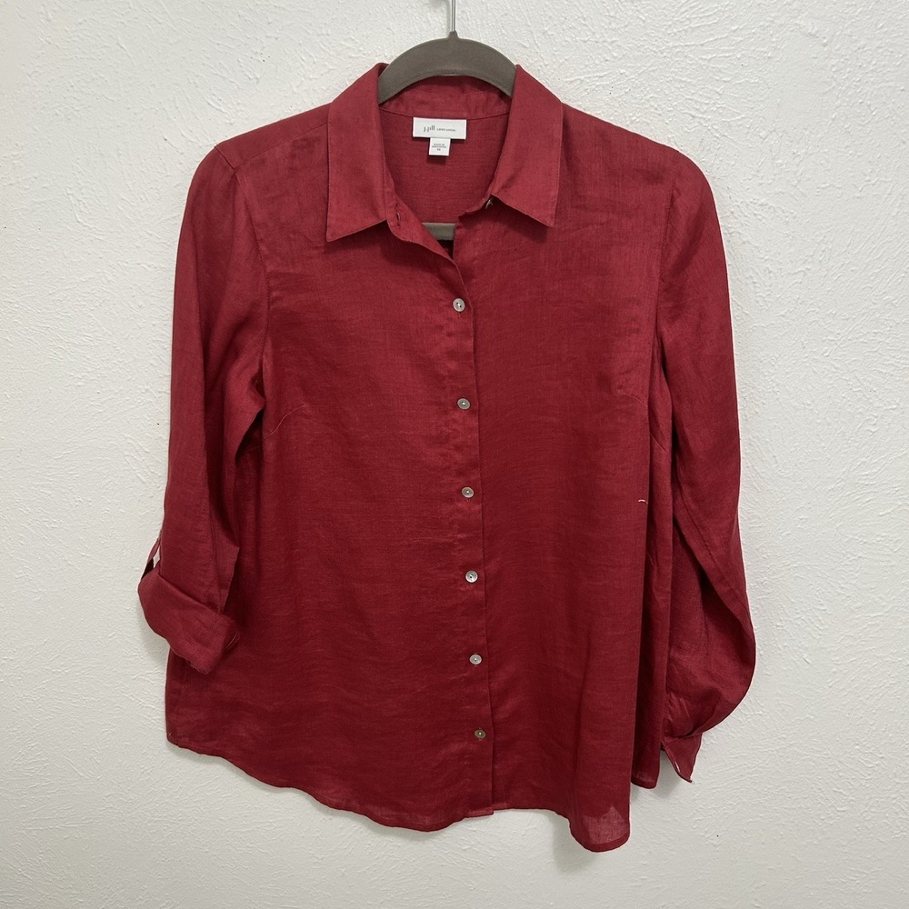 J. Jill Love Linen Shirt Women's Sz XS Red Button Down Lagenlook Holiday Festive